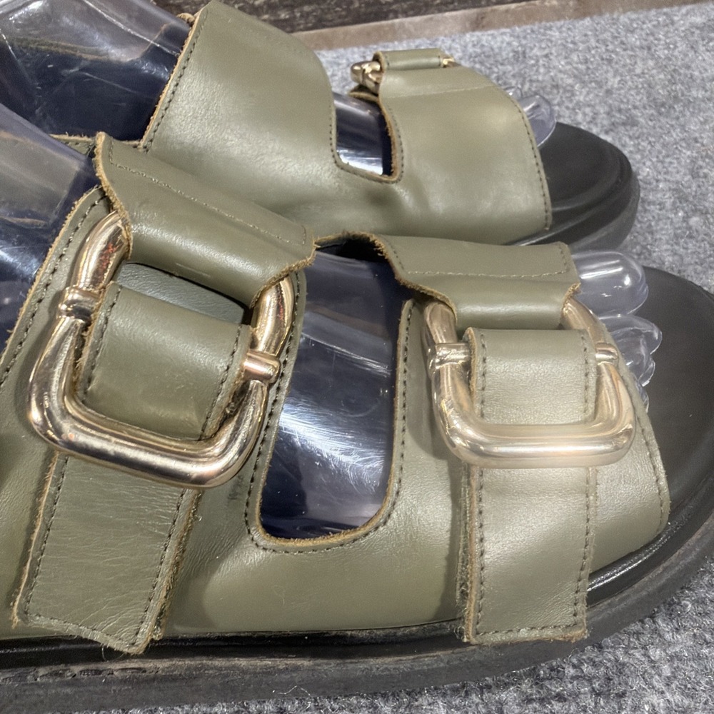 ALOHAS Harper Flat Sandals Olive Green Leather Chunky Gold Buckle EU 38 US 7 7.5 - Picture 6 of 12